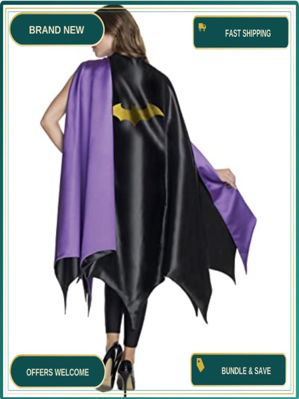 Deluxe Batgirl Cape Satin Glitter Logo Costume Accessory for Halloween